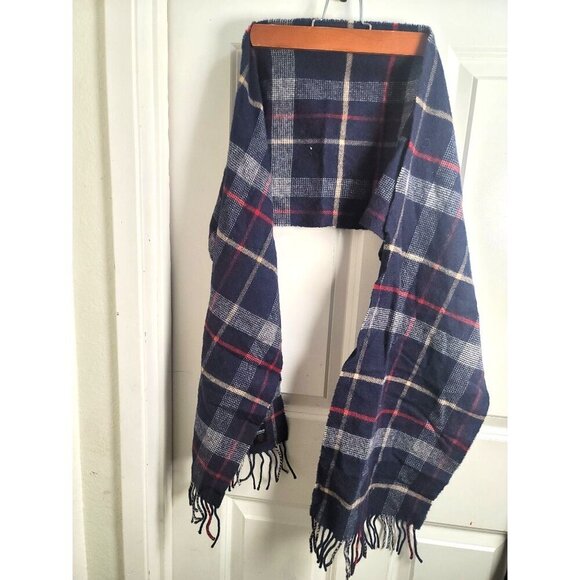 Harrods Of London Lambswool Plaid Scarf Dark Blue/Red 100% Wool Fringed Edges 68 - Picture 2 of 7